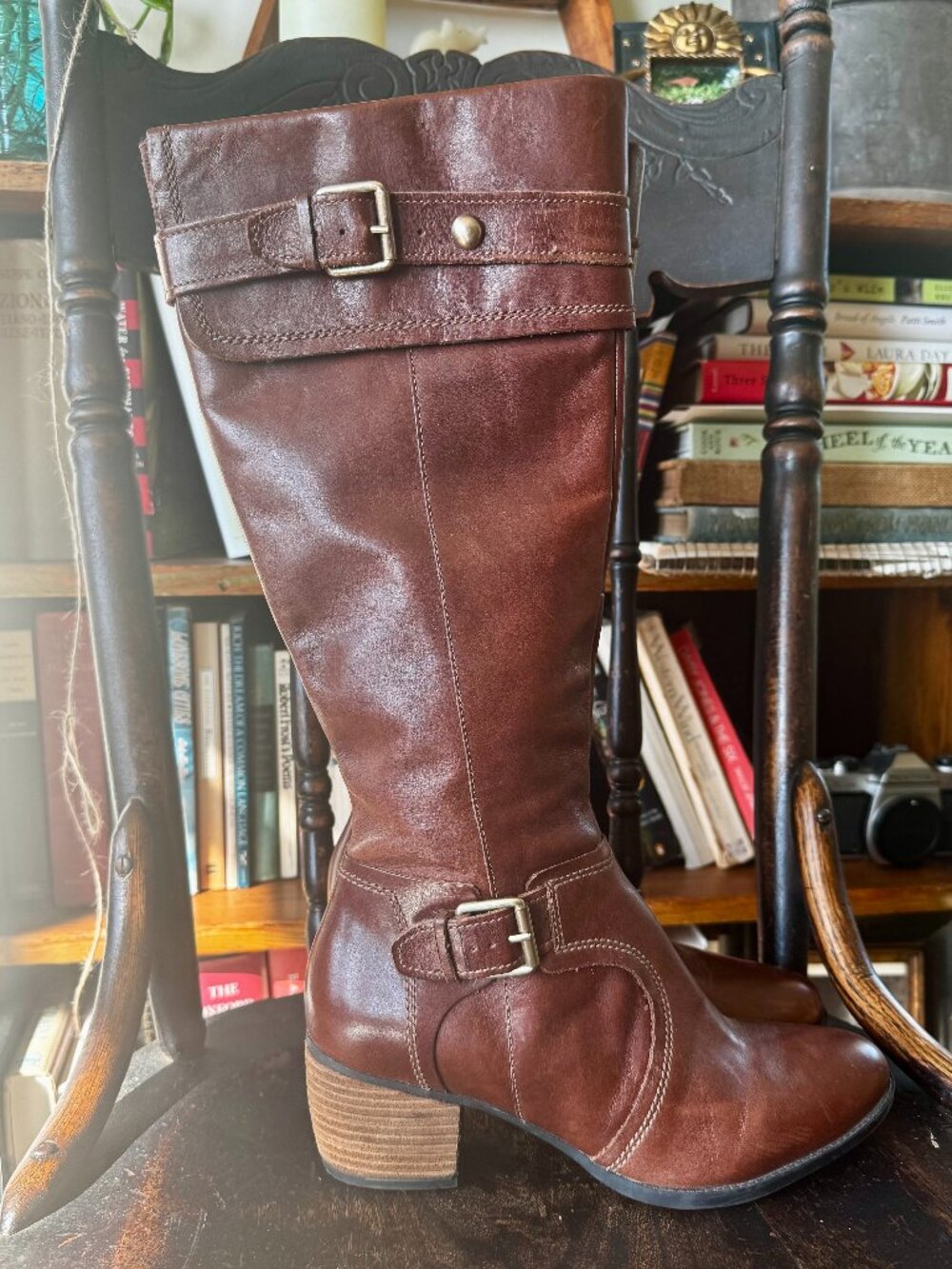 Clarks Brown Leather Knee High Riding Boots Buckle Heel Size 7.5